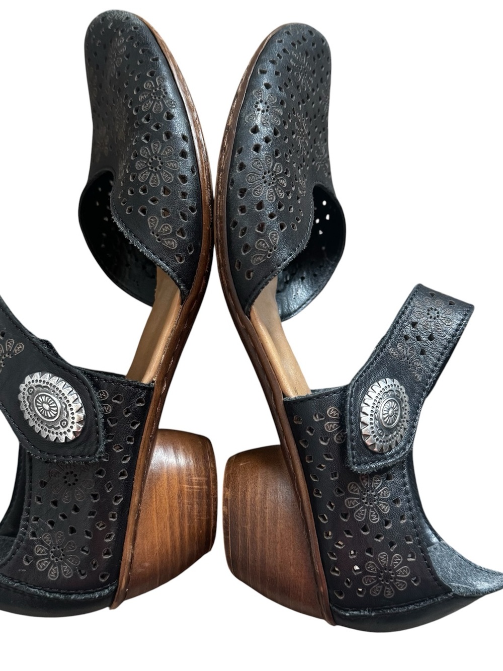 Rieker Mirjam Maryjane Shoes Black Leather Size 37 Laser Cut Floral Wood Heels